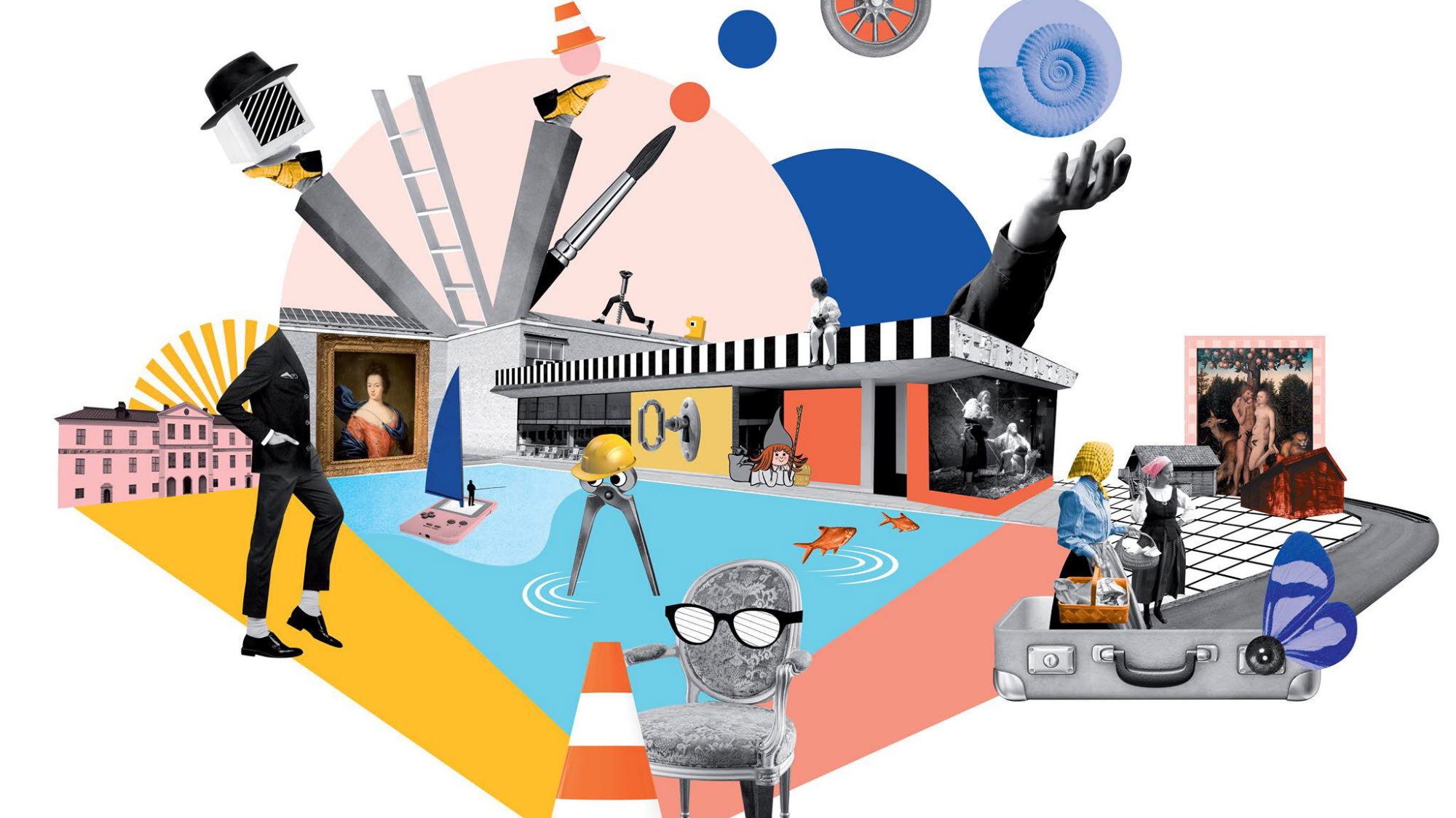 Ett färggrant illustrerat kollage med museibyggnaden i fokus.